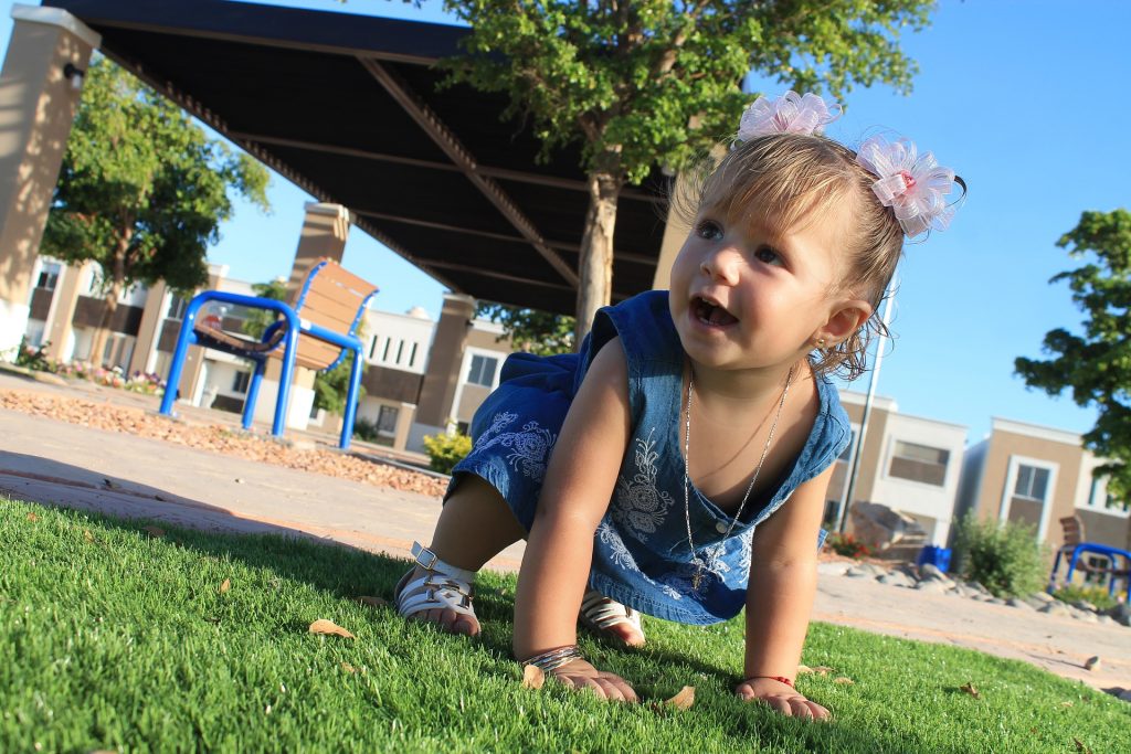 Niña pequeña gateando en el parque