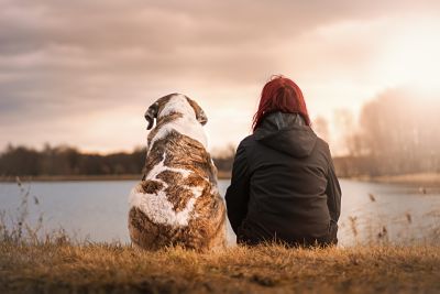 La imagen muestra a una chica con su mascota, un perro, sentados frente a un lago: Psicología y mascotas en Bilbao